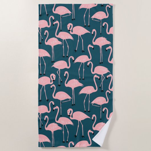 Retro Hand-Drawn Flamingo Pattern | Teal Pink Strandtuch (Vorderseite)
