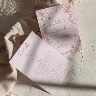 Retro Hand Drawn Floral Garden All In One Wedding Einladung