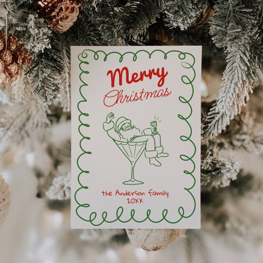 Retro Hand Drawn Fun Santa Champagne Weihnachten