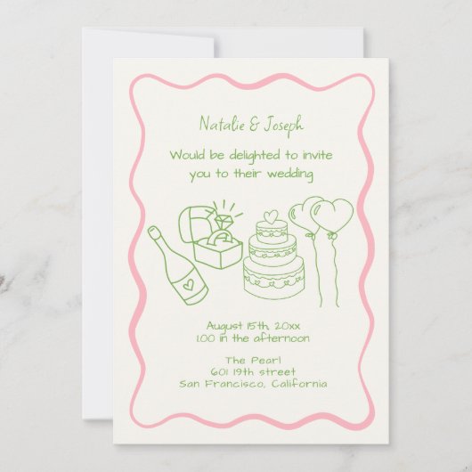 Retro Hand Drawn Funky Modern in einer Hochzeit Einladung (Vorderseite)