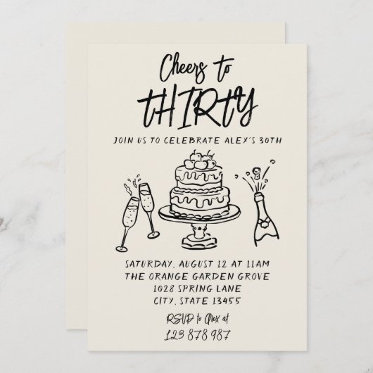 Retro Hand Drawn geschrieben 30. Whimsical Geburts Einladung (Vorne/Hinten)