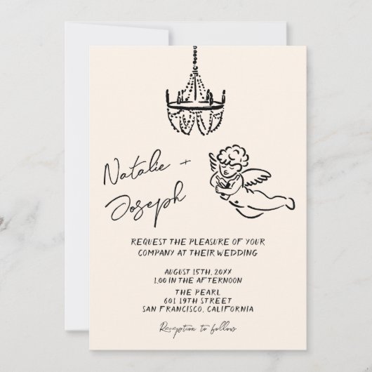 Retro Hand Drawn geschrieben Cupid Quirky Hochzeit Einladung (Vorderseite)