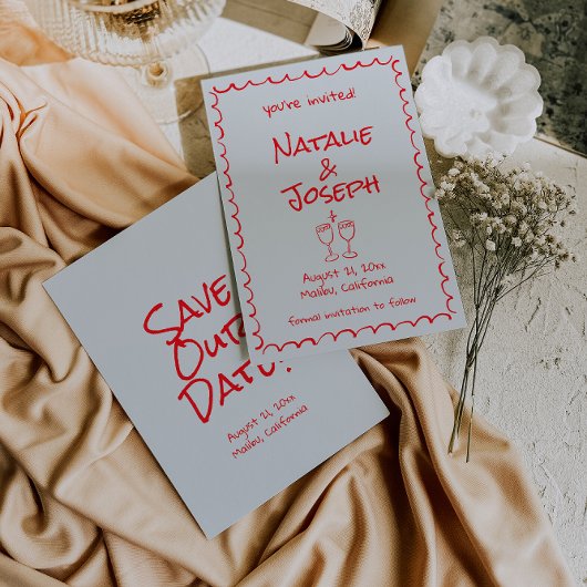 Retro Hand Drawn geschrieben Red Quirky Funky Wedd Save The Date