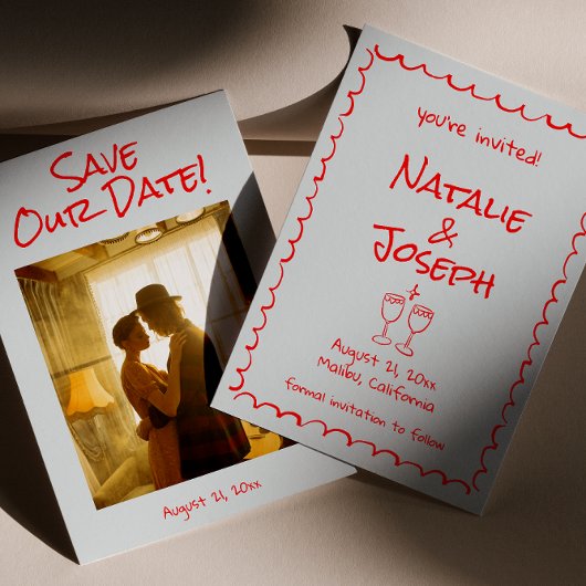 Retro Hand Drawn geschrieben Rot-Quirky-Foto Hochz Save The Date