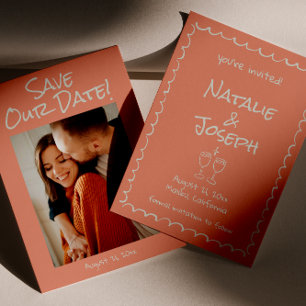 Retro Hand Drawn geschriebenes Foto Korallen Funky Save The Date