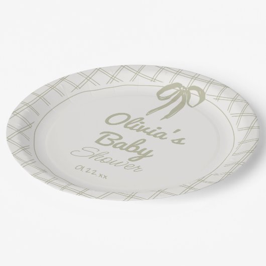 Retro Hand Drawn Green Bow Gingham Baby Shower  Pappteller (Schrägansicht)