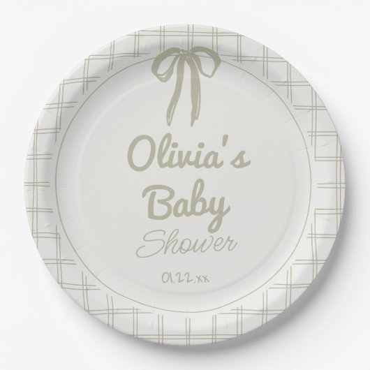 Retro Hand Drawn Green Bow Gingham Baby Shower Pappteller (Vorderseite)