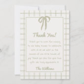Retro Hand Drawn Green Gingham Bow Baby Shower Dankeskarte (Vorderseite)