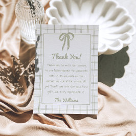 Retro Hand Drawn Green Gingham Bow Baby Shower Dankeskarte