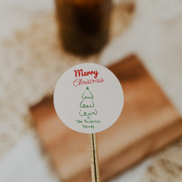 Retro Hand Drawn Green Red Abstract Christmas Tree Runder Aufkleber