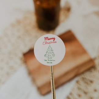 Retro Hand Drawn Green Red Christmas Tree Vintage Runder Aufkleber