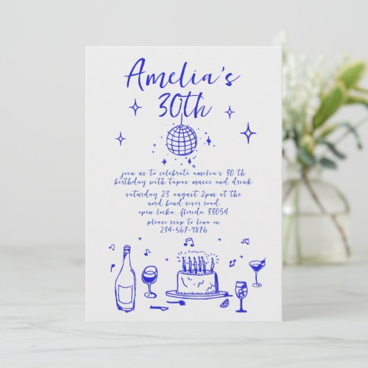 Retro Hand Drawn handschriftlich funky 30 Geburtst Einladung (Stehend Vorderseite)