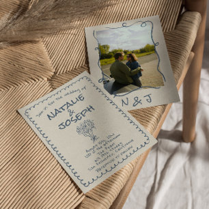 Retro Hand Drawn Navy Funky Foto Wedding Einladung