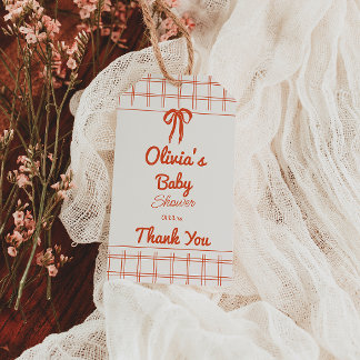 Retro Hand Drawn Neutral Bow Gingham Baby Shower Geschenkanhänger