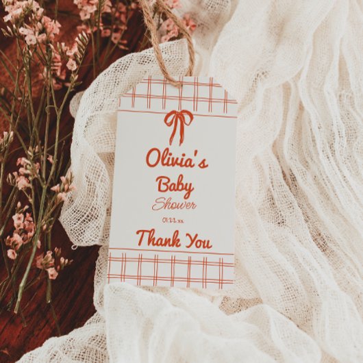 Retro Hand Drawn Neutral Bow Gingham Baby Shower Geschenkanhänger