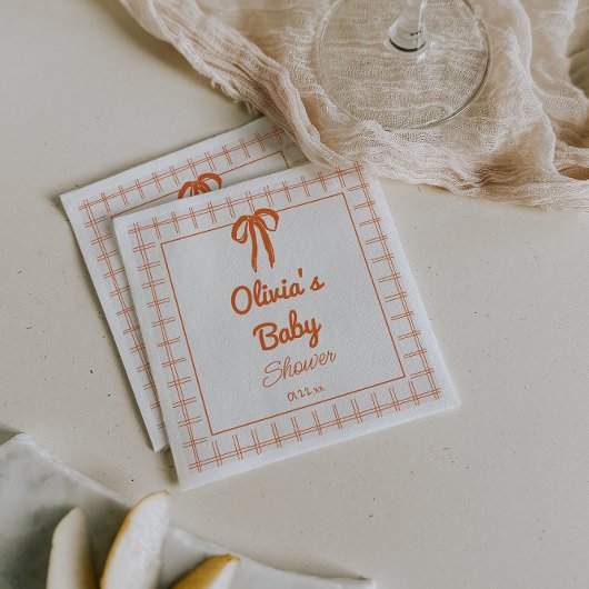 Retro Hand Drawn Orang Bow Gingham Baby Shower Serviette