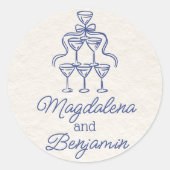 Retro Hand Drawn Orange Champagne Tower Names Runder Aufkleber (Vorderseite)