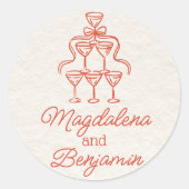 Retro Hand Drawn Orange Champagne Tower Names Runder Aufkleber (Vorderseite)