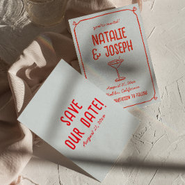 Retro Hand Drawn Red Blue Cocktail Funky Wedding Save The Date