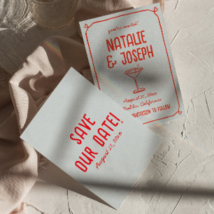 Retro Hand Drawn Red Blue Cocktail Funky Wedding Save The Date