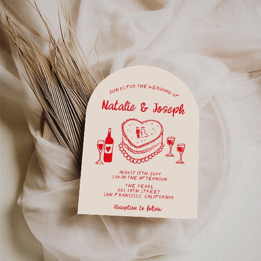Retro Hand Drawn Red Cake Modern Arched Wedding Einladung