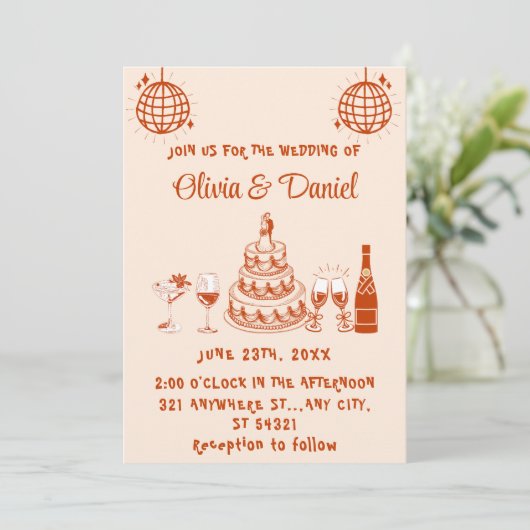 Retro Hand Drawn Red Cake Moderne Hochzeit Einladung (Stehend Vorderseite)