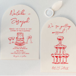 Retro Hand Drawn Red Cake Unique Arched Wedding Einladung