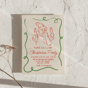 Retro Hand Drawn Red Christmas Snowman Party Einladung