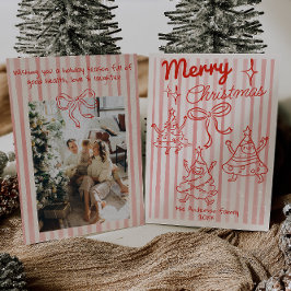 Retro Hand Drawn Red Funny Christmas Trees Bow Feiertagskarte
