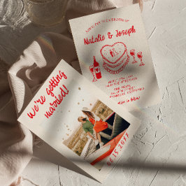 Retro Hand Drawn Red Quirky Cake Foto Hochzeit Einladung