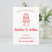 Retro Hand Drawn Red Quirky Cake Modern Wedding Dankeskarte (Stehend Vorderseite)