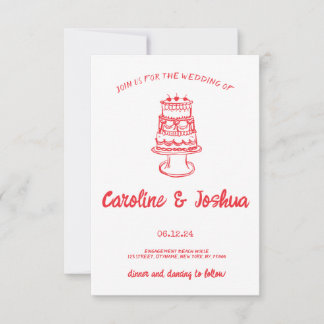 Retro Hand Drawn Red Quirky Cake Modern Wedding Dankeskarte