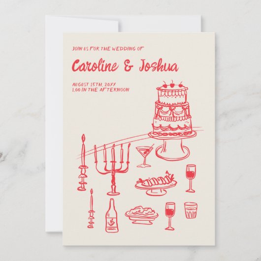 Retro Hand Drawn Red Quirky Cake Modern Wedding Einladung (Vorderseite)