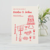 Retro Hand Drawn Red Quirky Cake Modern Wedding Einladung (Stehend Vorderseite)