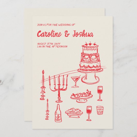 Retro Hand Drawn Red Quirky Cake Modern Wedding Einladung (Vorne/Hinten)