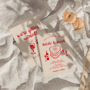 Retro Hand Drawn Red Quirky Cake Modern Wedding Einladung