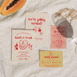 Retro Hand Drawn Red Quirky Cake Modern Wedding Einladung<br><div class="desc">Diese Einladung ist perfekt für Ihre Hochzeit, wenn Sie eine elegante, einzigartige und leicht bearbeitbare Einladung suchen. Eine elegante, einfache, minimalistisch rote und cremefarbene Hochzeitsvorlage Einladung. Das schlichte, cremige, milchige Ambiente auf der Vorderseite und handgezückter, zarter Herzkuchen mit Weinflasche und Champagnergläser. Und lebhafte rote Handschrift, die die Vornamen der kritzeligen...</div>