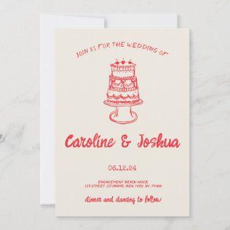 Retro Hand Drawn Red Quirky Cake Modern Wedding Feiertagskarte