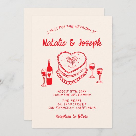 Retro Hand Drawn Red Quirky Cake Modern Wedding I Einladung (Vorne/Hinten)
