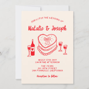 Retro Hand Drawn Red Quirky Cake Modern Wedding I Einladung