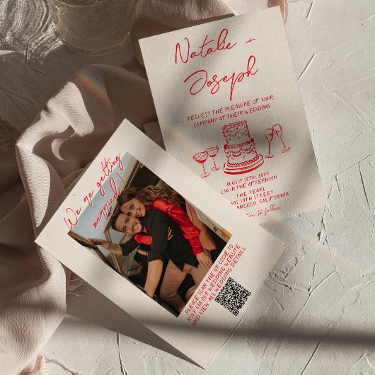 Retro Hand Drawn Red Unique QR Code Photo  Wedding Einladung