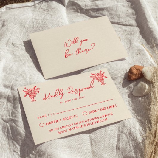 Retro Hand Drawn Red Unique Quirky Wedding RSVP Karte