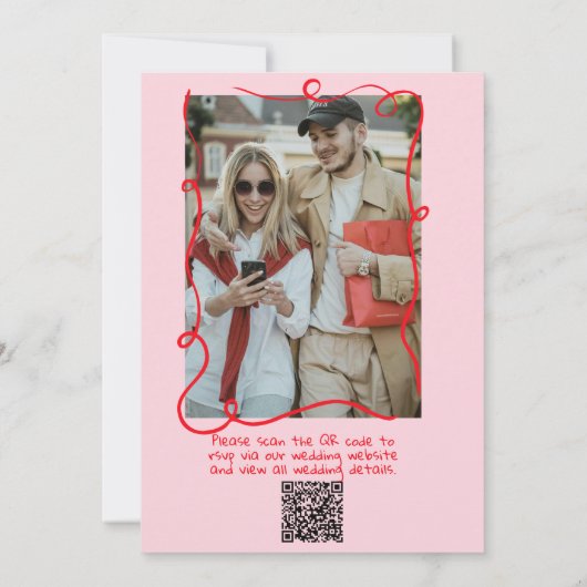 Retro Hand Drawn Rosa Foto QR Code Hochzeit Einladung (Rückseite)