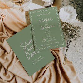 Retro Hand Drawn schrieb Green Funky Boho Wedding Save The Date
