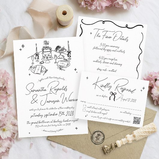 Retro Hand Drawn Scribble Black & White Wedding RSVP Karte