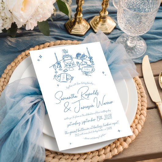 Retro Hand Drawn Scribble Blue & White Wedding Einladung