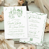 Retro Hand Drawn Scribble Green & White Wedding Einladung