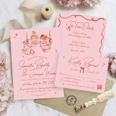 Retro Hand Drawn Scribble Pink & Red Wedding RSVP Karte