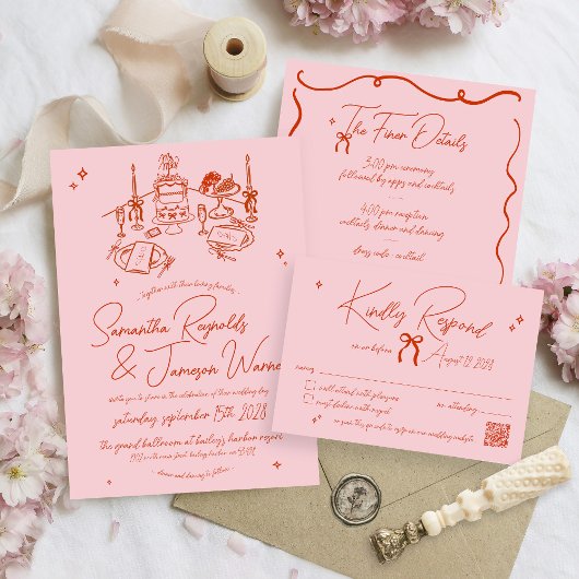 Retro Hand Drawn Scribble Pink & Red Wedding RSVP Karte