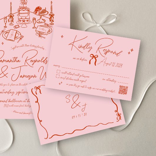 Retro Hand Drawn Scribble Pink & Red Wedding RSVP Karte